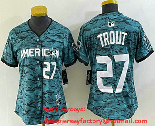 Women's Los Angeles Angels #27 Mike Trout Number Teal 2023 All Star Cool Base Stitched Jersey 01
