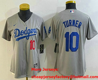 Women's Los Angeles Dodgers #10 Justin Turner Number Grey Cool Base Stitched Nike Jersey
