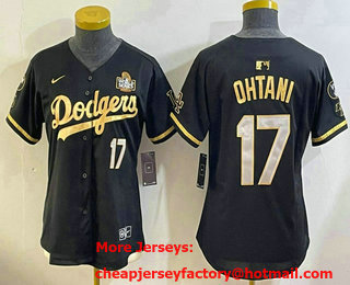 Women's Los Angeles Dodgers #17 Shohei Ohtani Black Gold 2024 World Series VIN Patch Stitched Jersey