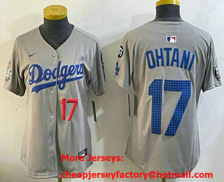 Women's Los Angeles Dodgers #17 Shohei Ohtani Grey 2024 World Series Fernando 34 Patch Limited Jersey