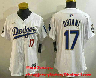 Women's Los Angeles Dodgers #17 Shohei Ohtani White Gold 2024 World Series Patch Limited Jersey