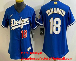 Women's Los Angeles Dodgers #18 Yoshinobu Yamamoto Blue 2026 Gold Collection Stadium Jersey