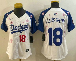Women's Los Angeles Dodgers #18 Yoshinobu Yamamoto Japanese White Royal 2025 Tokyo Series Limited Stitched Jersey