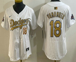 Women's Los Angeles Dodgers #18 Yoshinobu Yamamoto White 2025 Gold Collection Limited Stitched Jersey