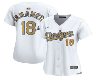 Women's Los Angeles Dodgers #18 Yoshinobu Yamamoto White 2025 Gold Collection Limited Stitched Jersey