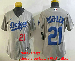 Women's Los Angeles Dodgers #21 Walker Buehler Number Grey Stitched Cool Base Nike Jersey