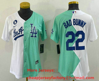 Women's Los Angeles Dodgers #22 Bad Bunny White Green Two Tone 2022 Celebrity Softball Game Cool Base Jersey
