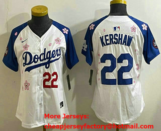 Women's Los Angeles Dodgers #22 Clayton Kershaw White Royal 2025 Tokyo Series Limited Stitched Jersey