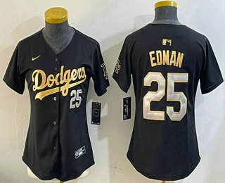 Women's Los Angeles Dodgers #25 Tommy Edman Number Black Gold Stitched Jersey