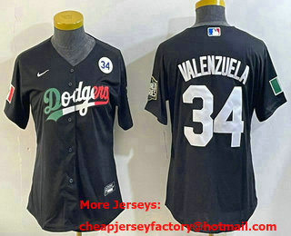 Women's Los Angeles Dodgers #34 Fernando Valenzuela Black Mexico 2020 World Series Cool Base 34 Patch Jersey