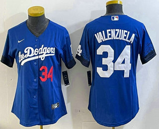 Women's Los Angeles Dodgers #34 Fernando Valenzuela Number Blue City Connect Cool Base Stitched Jersey