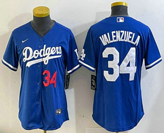 Women's Los Angeles Dodgers #34 Fernando Valenzuela Number Blue Stitched Cool Base Jersey