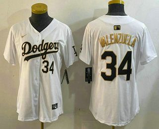 Women's Los Angeles Dodgers #34 Fernando Valenzuela White Gold Limited Jersey