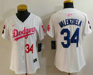 Women's Los Angeles Dodgers #34 Fernando Valenzuela Number White Pink With Patch Limited Stitched Jersey