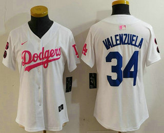 Women's Los Angeles Dodgers #34 Fernando Valenzuela White Pink With Patch Limited Stitched Jersey