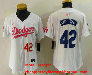 Women's Los Angeles Dodgers #42 Jackie Robinson Number White Pink With Patch Limited Stitched Jersey