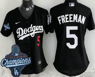 Women's Los Angeles Dodgers #5 Freddie Freeman Black 2025 World Series Champions Cool Base Jersey