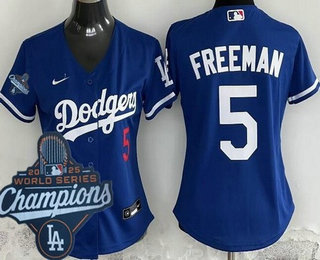 Women's Los Angeles Dodgers #5 Freddie Freeman Blue 2025 World Series Champions Limited Jersey
