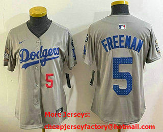 Women's Los Angeles Dodgers #5 Freddie Freeman Grey 2024 World Series Fernando 34 Patch Limited Jersey