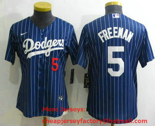 Women's Los Angeles Dodgers #5 Freddie Freeman Navy Blue Pinstripe Stitched MLB Cool Base Nike Jersey