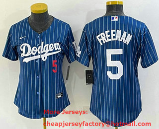 Women's Los Angeles Dodgers #5 Freddie Freeman Number Navy Blue Pinstripe Stitched MLB Cool Base Nike Jersey