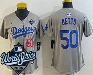 Women's Los Angeles Dodgers #50 Mookie Betts Gray 2025 World Series Limited Jersey