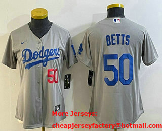 Women's Los Angeles Dodgers #50 Mookie Betts Number Grey Cool Base Stitched Nike Jersey