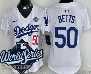 Women's Los Angeles Dodgers #50 Mookie Betts White 2025 World Series Limited Jersey