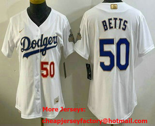Women's Los Angeles Dodgers #50 Mookie Betts White 2026 Gold Collection Stadium Jersey