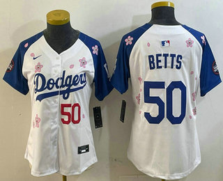 Women's Los Angeles Dodgers #50 Mookie Betts White Royal 2025 Tokyo Series Limited Stitched Jersey