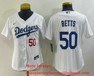 Women's Los Angeles Dodgers #50 Mookie Betts White With Red Stitched MLB Cool Base Nike Jersey