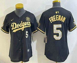 Women's Los Men's Los Angeles Dodgers #5 Freddie Freeman Black Gold 2024 World Series 34 Patch Stitched Cool Base Jersey
