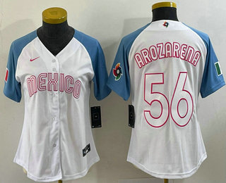 Women's Mexico Baseball #56 Randy Arozarena 2023 White Blue World Classic Stitched Jersey 201