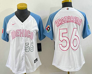 Women's Mexico Baseball #56 Randy Arozarena Number 2023 White Blue World Classic Stitched Jersey 203