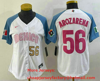 Women's Mexico Baseball #56 Randy Arozarena Number 2023 White Blue World Classic Stitched Jersey 209