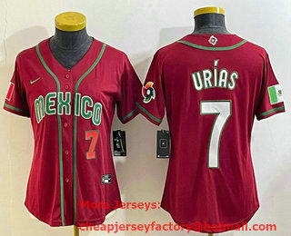 Women's Mexico Baseball #7 Julio Urias Number 2023 Red World Baseball Classic Stitched Jersey 07