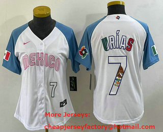 Women's Mexico Baseball #7 Julio Urias Number 2023 White Blue World Classic Stitched Jersey 12