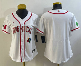 Women's Mexico Baseball Blank 2023 White World Classic Stitched Jersey 01