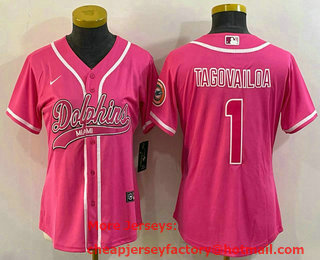 Women's Miami Dolphins #1 Tua Tagovailoa Pink With Patch Cool Base Stitched Baseball Jersey