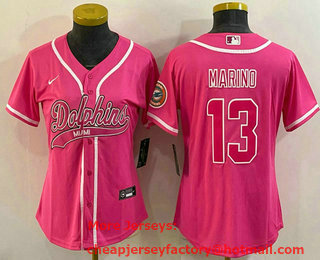 Women's Miami Dolphins #13 Dan Marino Pink With Patch Cool Base Stitched Baseball Jersey
