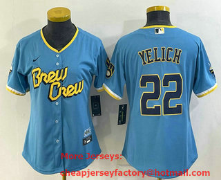Women's Milwaukee Brewers #22 Christian Yelich Blue 2022 City Connect Cool Base Stitched Jersey