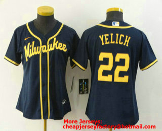 Women's Milwaukee Brewers #22 Christian Yelich Navy Blue Stitched MLB Cool Base Nike Jersey
