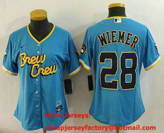 Women's Milwaukee Brewers #28 Joey Wiemer Blue 2022 City Connect Cool Base Stitched Jersey