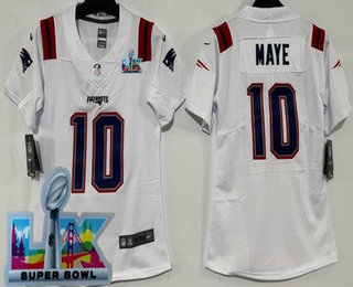 Women's New England Patriots #10 Drake Maye Limited White Super Bowl LX Vapor Jersey