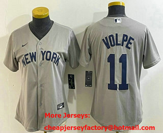 Women's New York Yankees #11 Anthony Volpe Name 2021 Grey Field of Dreams Cool Base Stitched Jersey