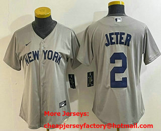Women's New York Yankees #2 Derek Jeter Name 2021 Grey Field of Dreams Cool Base Stitched Jersey