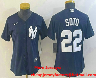 Women's New York Yankees #22 Juan Soto Name Navy Blue Cool Base Stitched Baseball Jersey