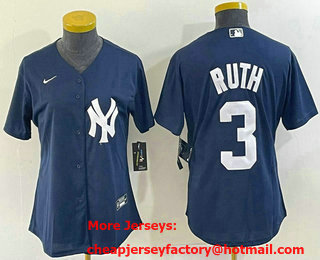 Women's New York Yankees #3 Babe Ruth Navy Blue Stitched Nike Cool Base Jersey
