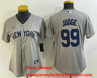 Women's New York Yankees #99 Aaron Judge Name 2021 Grey Field of Dreams Cool Base Stitched Jersey
