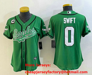 Women's Philadelphia Eagles #0 DAndre Swift Green C Patch Cool Base Stitched Baseball Jersey 01